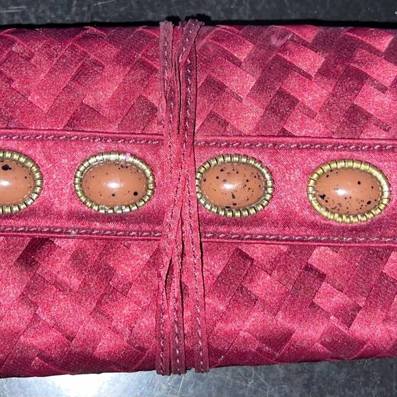 Cole Haan Village Basket Weave Pink Satin w/ Brown Turquoise Jewels Clutch - Picture 1 of 4